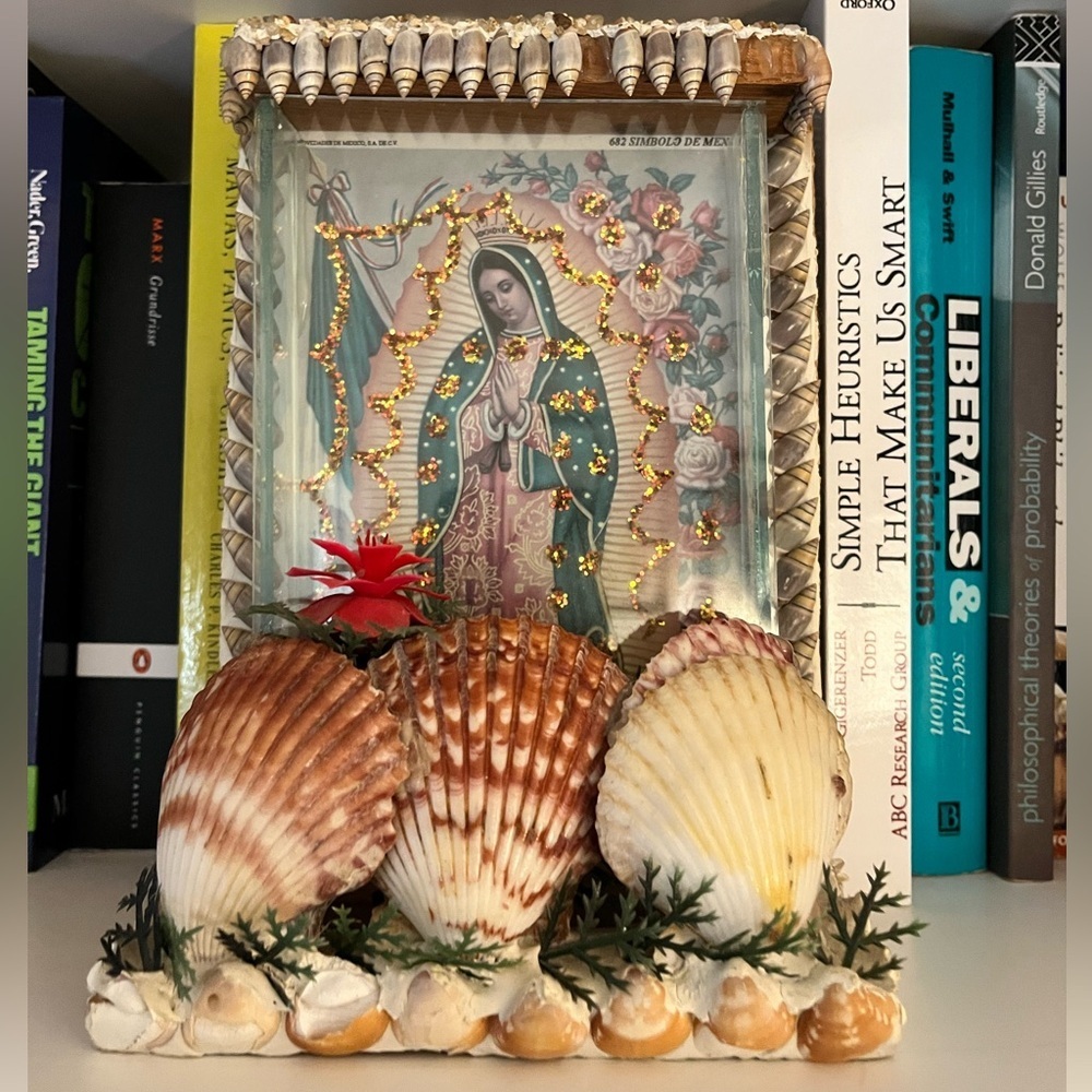 Vintage Folk Art Lady of Guadalupe Virgin Mary Altar With Shells